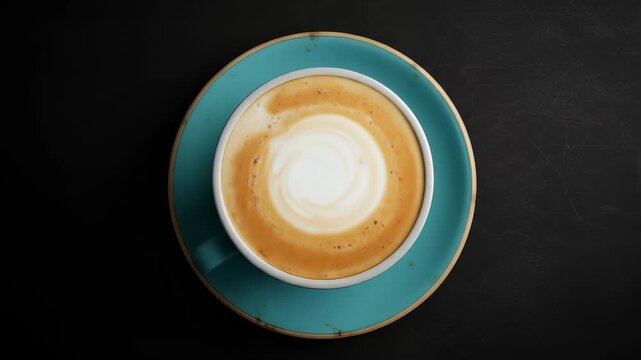 Top view of a steaming latte with intricate foam art in a teal ceramic cup and saucer on a dark textured background.
