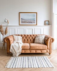 Chic Vintage Leather Sofa with Decorative Cushions and Warm Blanket in Bright Living Room