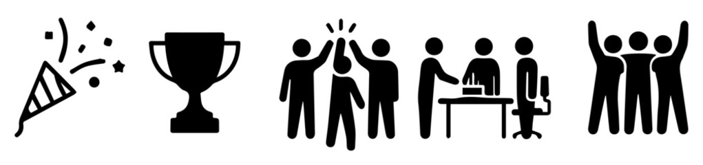 Office Party and Corporate Celebration, Black Vector, Employees Celebrating, Cake, Balloons, Champagne, Awards, Confetti, Silhouettes and Icons, Editable Formats: AI, EPS, JPG, PNG, Ideal for Both Dig