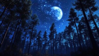 Night forest, full moon, starry sky