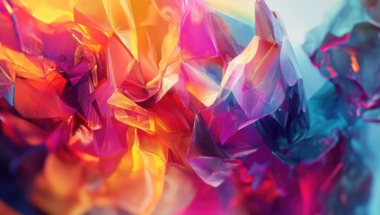 Abstract, vibrant, multicolored, geometric shapes, resembling crumpled paper or crystal