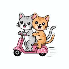 Two Cute Cartoon Cats Riding Pink Scooter Together, Fun Animal Friends Illustration for Kids, Friendship, Adventure, Travel, Greeting Cards, and Design Projects