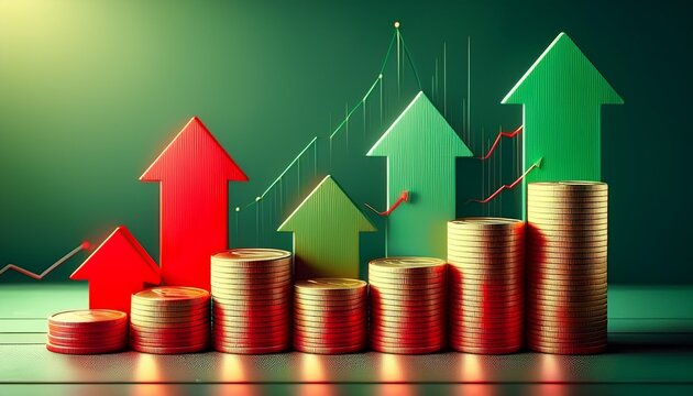 financial arrows up and down graph with green red arrows and coin stacks chart with increase decrease