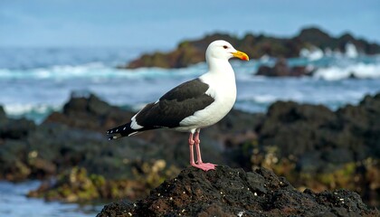A seagull perches on a volcanic rock by the ocean