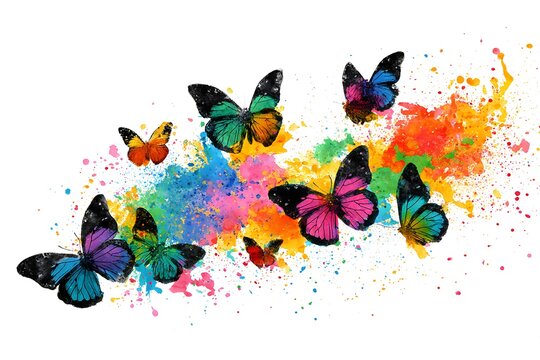 Colorful butterflies and paint splatter isolated on white background