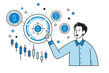 Financial targeting and investment strategy with a man pointing to a target icon containing a dollar sign, surrounded by floating dollar coins and a stock market candlestick chart, symbolizing financi