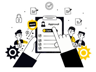 Secure document approval and compliance process, featuring a man interacting with a checklist on a digital form that includes name, approval, and date fields, surrounded by security locks, gear icons,