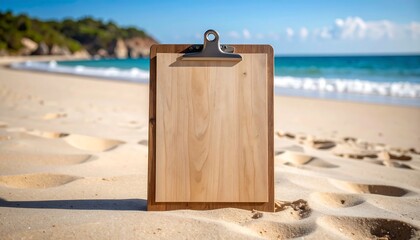 Wooden clipboard on a sandy beach
