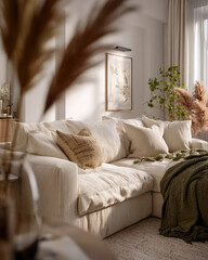Cozy Living Room with Elegant Sofa, Textured Pillows, and Natural Light Decor in Modern Home