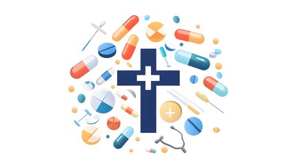 Collection of medical pills and healthcare symbols