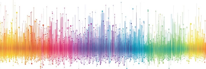 Abstract cityscape graphic.  Colorful, vertical, data-driven structures, various shades of rainbow, on a white background