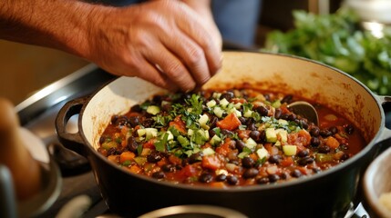Spicy black bean chili being prepared in a large pot.