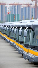 Naklejka premium Modern gray and yellow tour buses arranged neatly in a parking lot against a backdrop of rolling hills and greenery