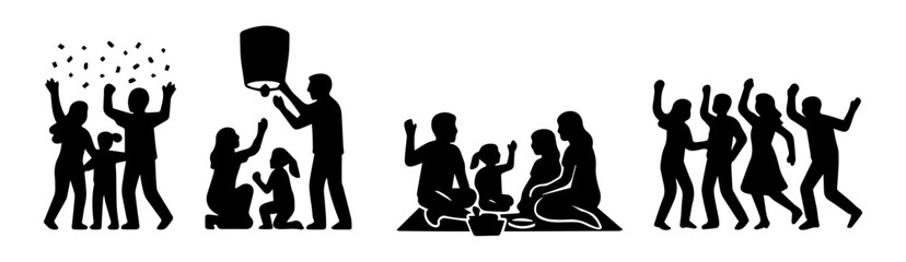 Family and Community Celebration Silhouettes, Black Vector, People Dancing, Hugging, Cheering, Holding Hands, Generations Together, and More, Editable Formats: AI, EPS, JPG, PNG, Ideal for Both Digita