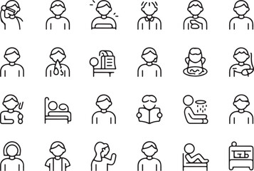 A diverse set of business people icons, symbols, and silhouettes represents various job roles, office work, and team management concepts