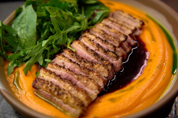 Deliciously Plated Dish Featuring Sliced Duck Breast Over Vibrant Puree Accompanied by Fresh Greens in a Gourmet Presentation
