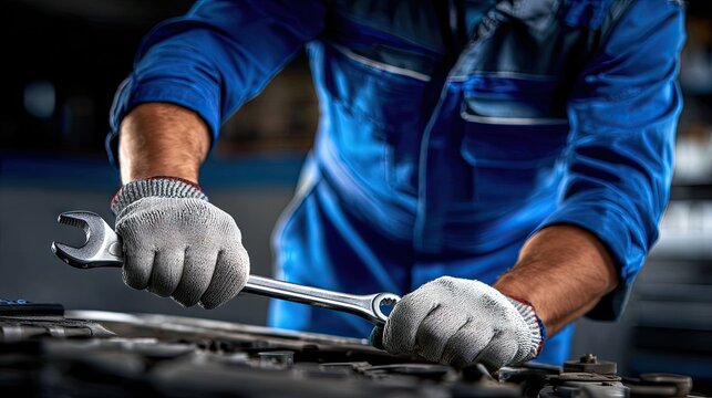 Car mechanic works on vehicle engine with wrench in hand under hood while wearing blue uniform and gray gloves