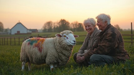 A heartwarming scene of a senior couple interacting with a sheep in a rural setting at dawn