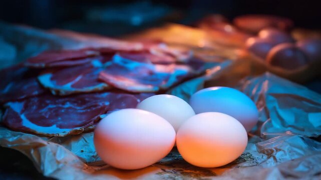 Plate of bacon, ham, and eggs. The eggs are white and are sitting on top of the bacon and ham. eggs and deli meat glowing under blue light, contamination metaphor, listeria