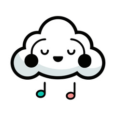 Cute cartoon cloud character wearing headphones and listening to music with musical notes