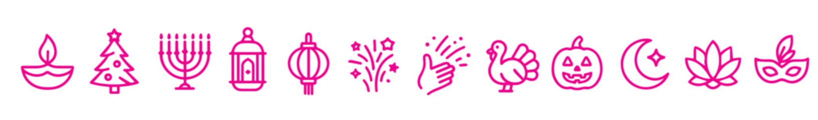 Festival Celebration Icons, Lanterns, Fireworks, Drums, Music, Food, Banners, Balloons, and Decorative Elements, Editable Formats: AI, EPS, JPG, PNG, Ideal for Both Digital and Print Use
