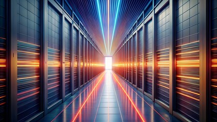 Futuristic Server Room with Glowing Data Streams and Neon Lights