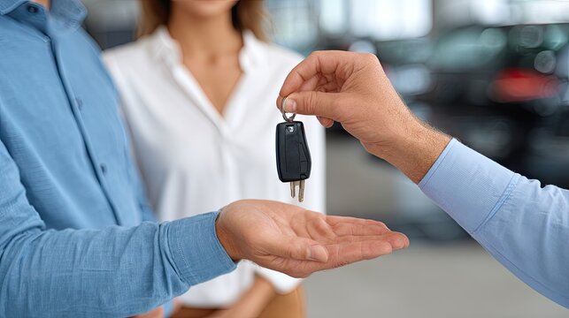 Saleswoman hands over car keys to customer in automotive showroom showcasing high-end vehicles - Powered by Adobe