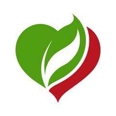 Naklejka premium Green and red heart shape with two leaves symbolizing nature and love