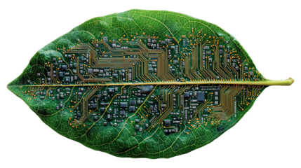 A green leaf with intricate circuit patterns symbolizing the fusion of nature and technology.