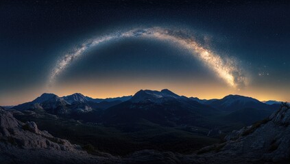 Milky Way arc over mountain range at dawn