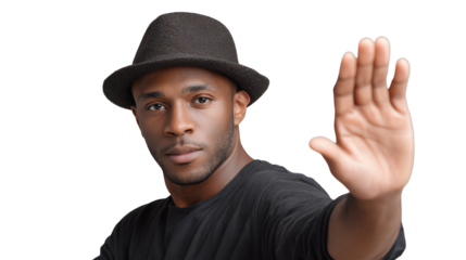 A man in a black hat gestures with his hand, conveying a sense of pause or stop, against a white isolated background.