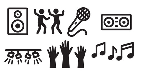 Music and Celebration Vibes Icons, Speakers, Notes, Headphones, DJ, Disco Ball, Dance Moves, Instruments, and More, Editable Formats: AI, EPS, JPG, PNG, Ideal for Both Digital and Print Use
