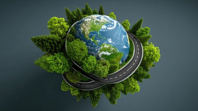 Exploring global environmental protection with a car on a green landscape highlighting the importance of nature conservation and sustainable energy solutions for our planet