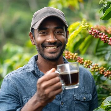 Smiling Coffee Planter: A cheerful coffee planter holds up a steaming glass of freshly brewed coffee, his face beaming with pride amidst the lush coffee plants and vibrant berries. 