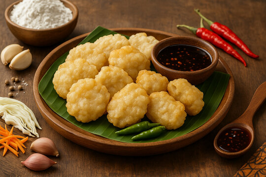 Traditional Indonesian Fried Cireng Snack with Spicy Sauce