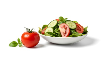 Fresh garden salad with tomato and basil on white background