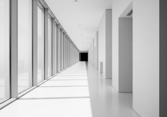 Obraz premium Bright white minimalist interior hallway with tall windows and shadows light