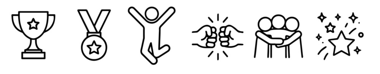 Victory and Achievement Celebration Icons, Trophies, Medals, Podium, Cheering, Stars, Laurel Wreath, and More, Editable Formats: AI, EPS, JPG, PNG, Ideal for Both Digital and Print Use
