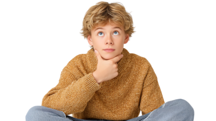 A thoughtful boy sitting cross-legged, wearing a cozy sweater, looking up with a contemplative expression.