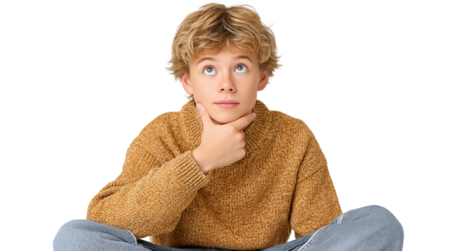 A thoughtful boy sitting cross-legged, wearing a cozy sweater, looking up with a contemplative expression.