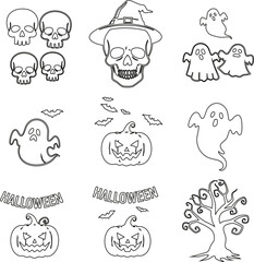 Fototapeta premium A collection of Halloween-themed vector icons including pumpkins, ghosts, bats, witches, and spooky elements. Perfect for app design, web interfaces, stickers, and seasonal graphics.