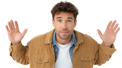A young man with a surprised expression raises his hands in disbelief, set against a transparent background.