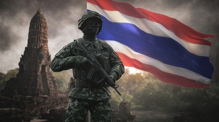 Soldiers with rifles defending Thai territory
