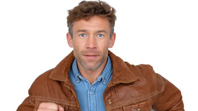 Casual man in brown leather jacket with engaging expression, ready for action, isolated on white background.
