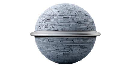 Futuristic spherical structure with textured surface, isolated on a white background.