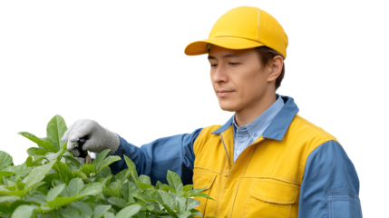 Gardener in yellow cap tending to vibrant green plants, isolated on white background.