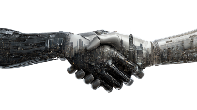 Futuristic handshake between two robotic hands symbolizing collaboration in technology and innovation.