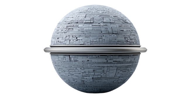 Futuristic spherical structure with textured surface, isolated on a white background.