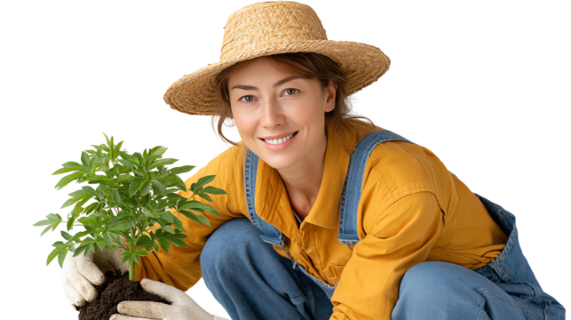 Gardener planting a young tree, smiling with enthusiasm, wearing a straw hat and gloves, on a white isolated background.