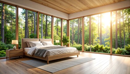 Fototapeta premium Modern bedroom with forest views